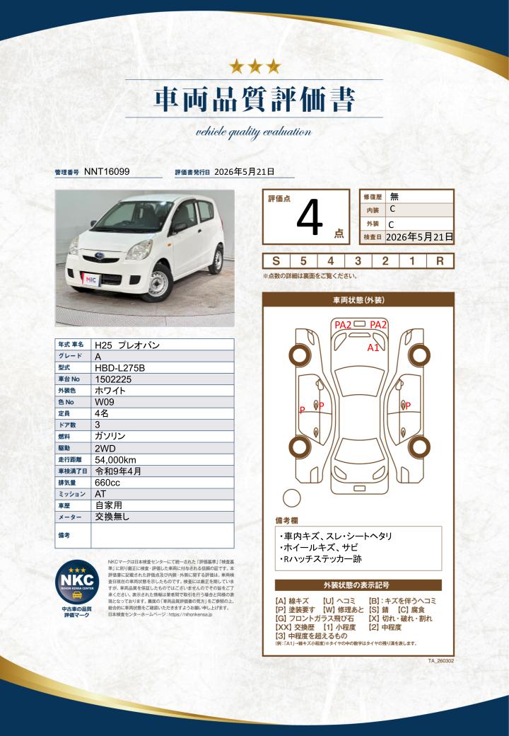 車両品質評価書